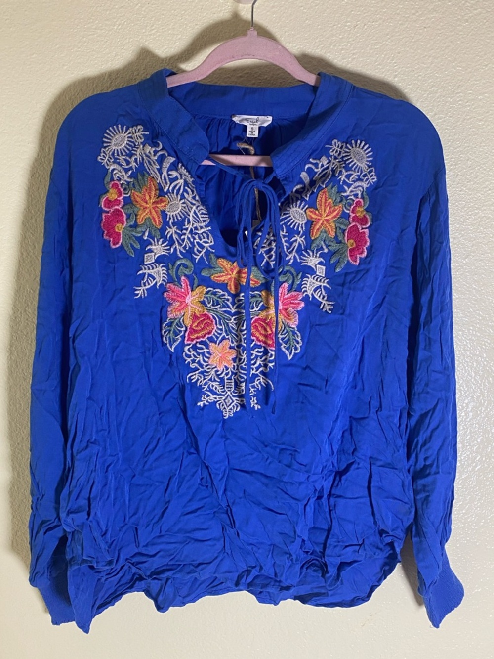 NWOT Lush Royal Blue Embroidered Tie-Neck Tunic, Size S